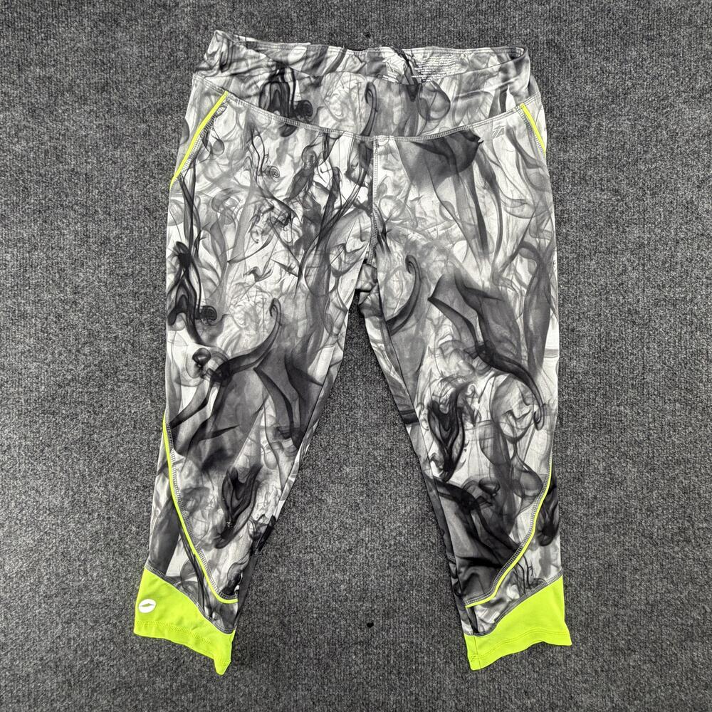 Avia Leggings Womens Large Gray Tie Dye Capri Neon Trim Pockets Yoga Athletic